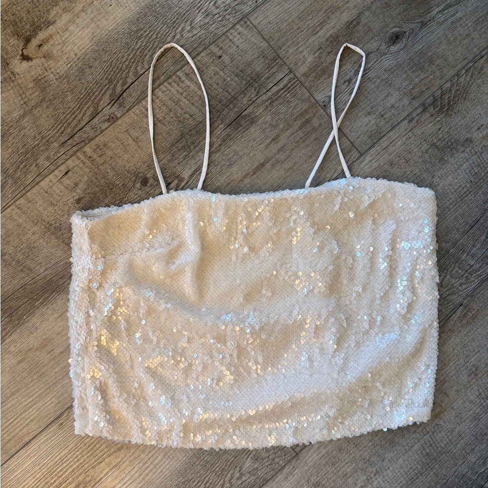 bishop + young White Sequin Spaghetti Strap Crop Top